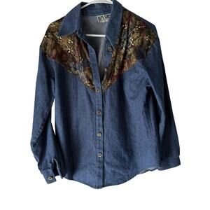 Vintage City Girl Shirt Womens Medium Denim Gold Sequin Western Button Up 90s